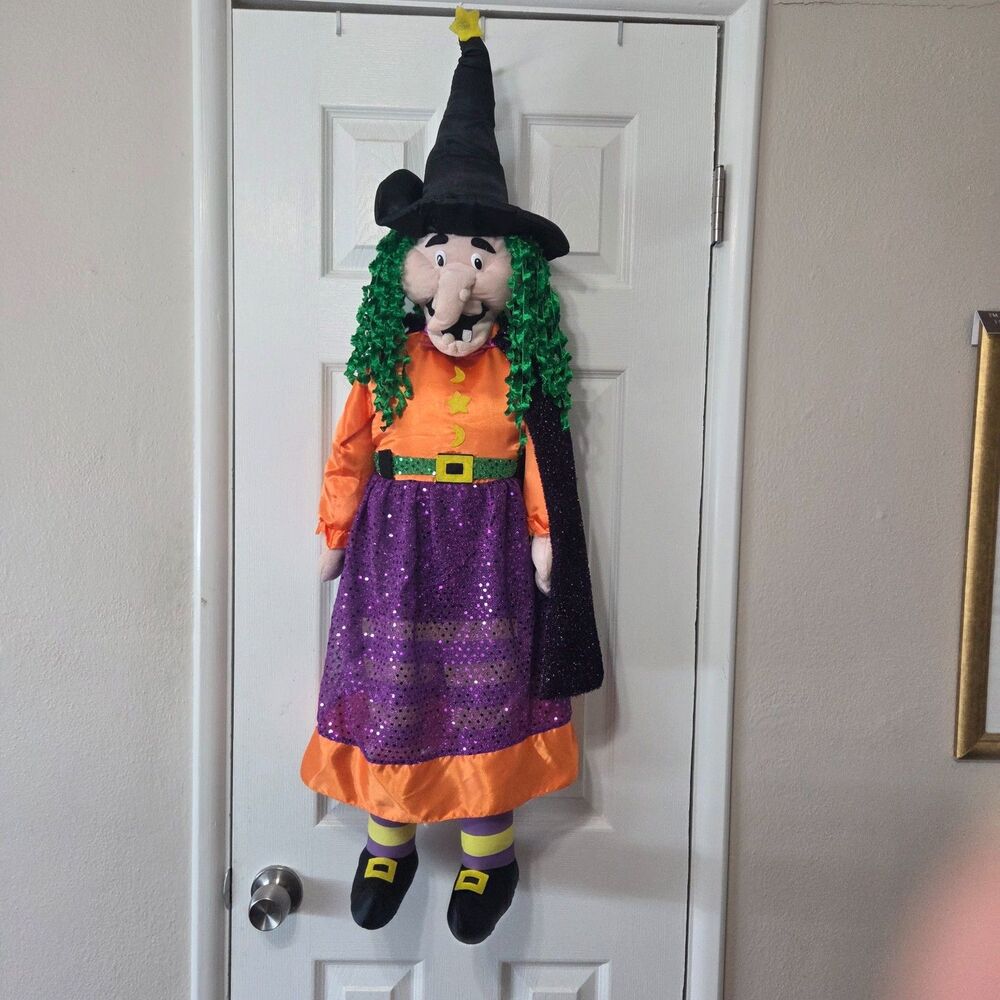 Large 41" Hanging Halloween Witch Green Hair Sequin Dress Door Decor
